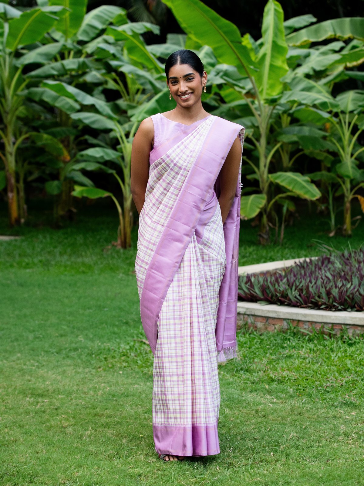 Multi Color-Checked Linen Kanjeevaram Silk Saree With Lavender Border 
