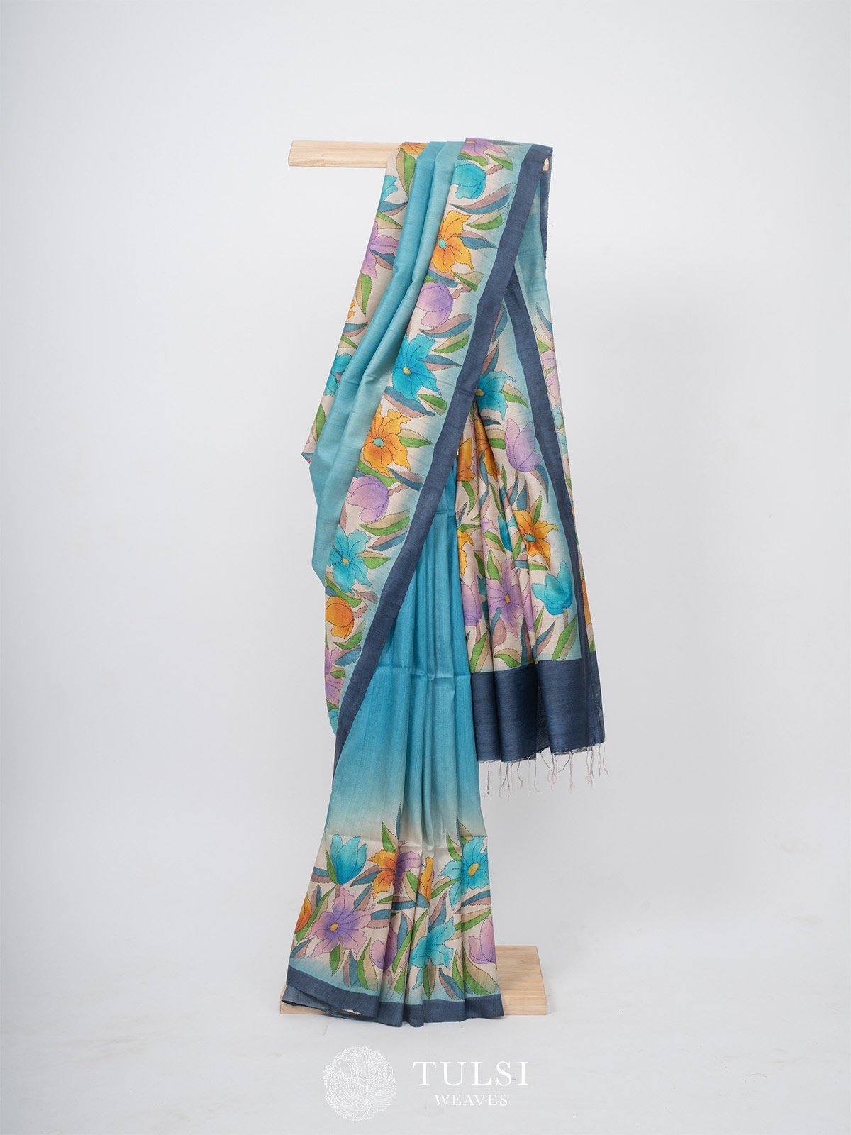 Blue Handpainted Silk Saree with Kantha work