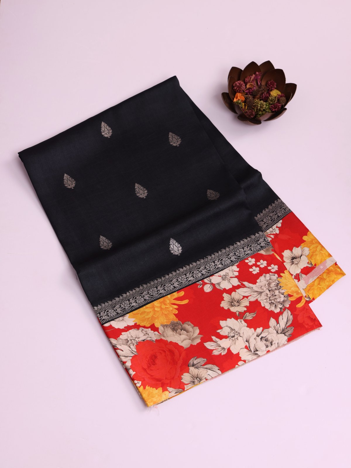 Black Banaras Tussar Georgette Silk Saree With Printed Red Border