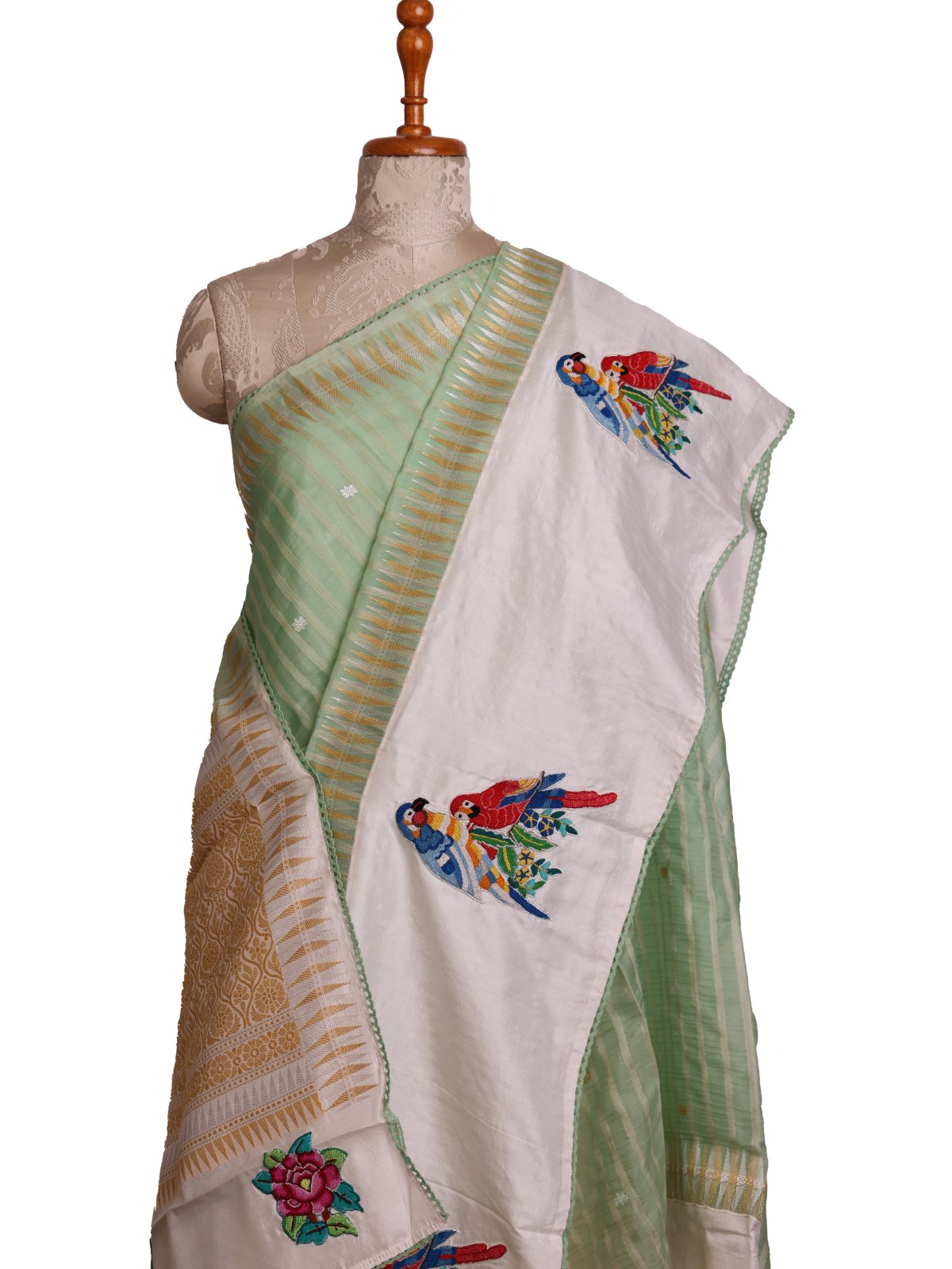 Pista Green Banaras Organza Saree With Off White Silk Border