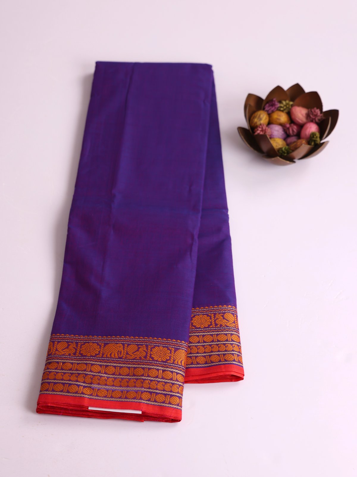 Bluish Purple Kanchi Cotton Saree With Threadwork Border