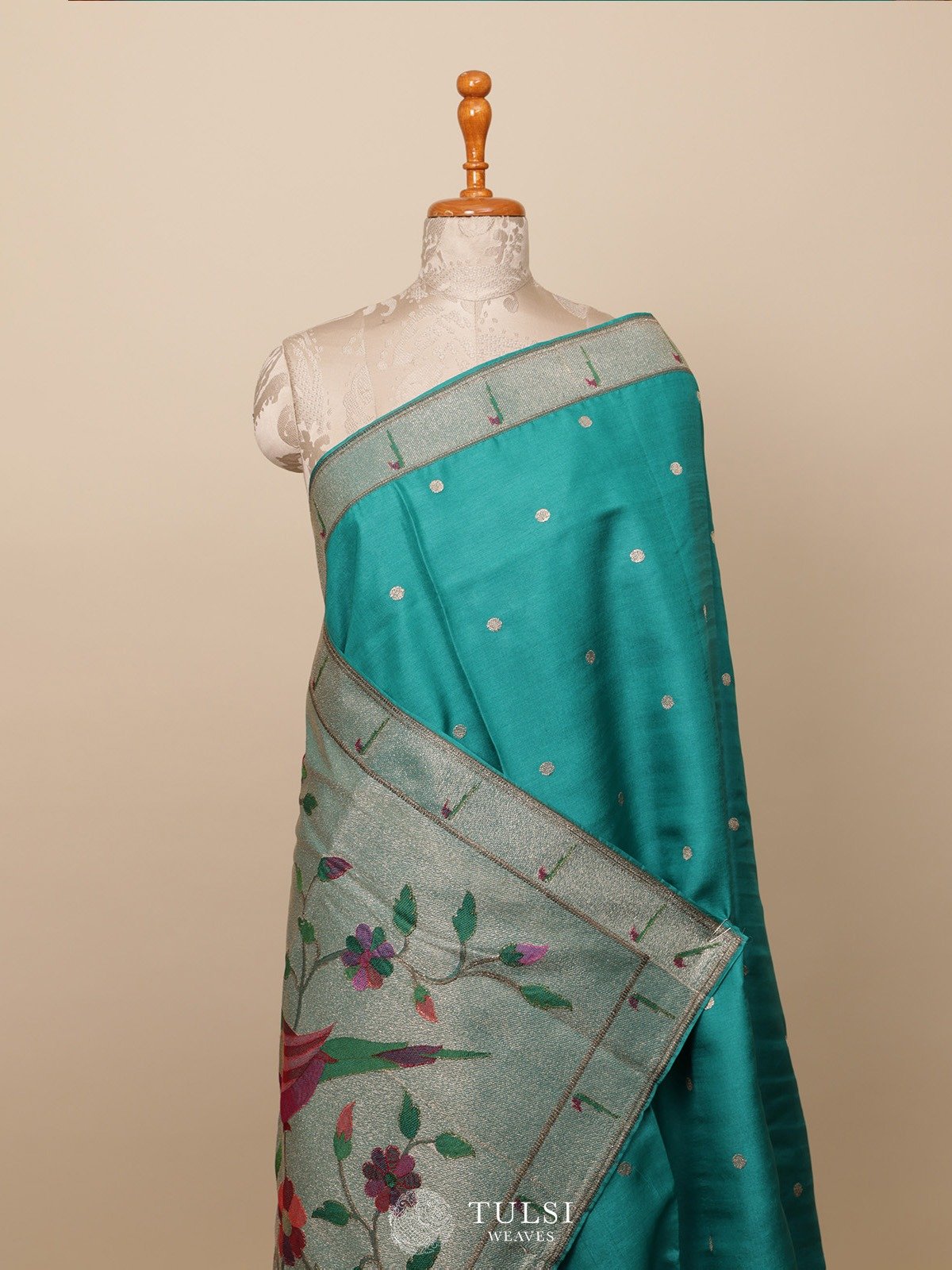 Teal Tussar Paithani Embroidery Saree