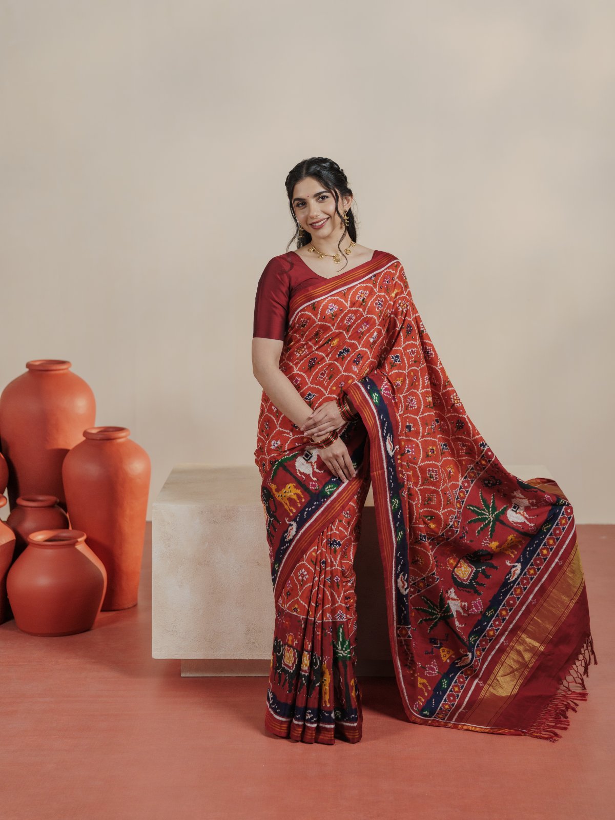 Curated 16 - Rust Orange Patan Patola Silk Saree With Red Border