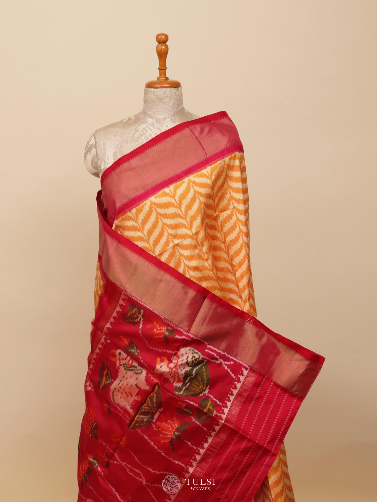 Beige Ikat Silk Saree