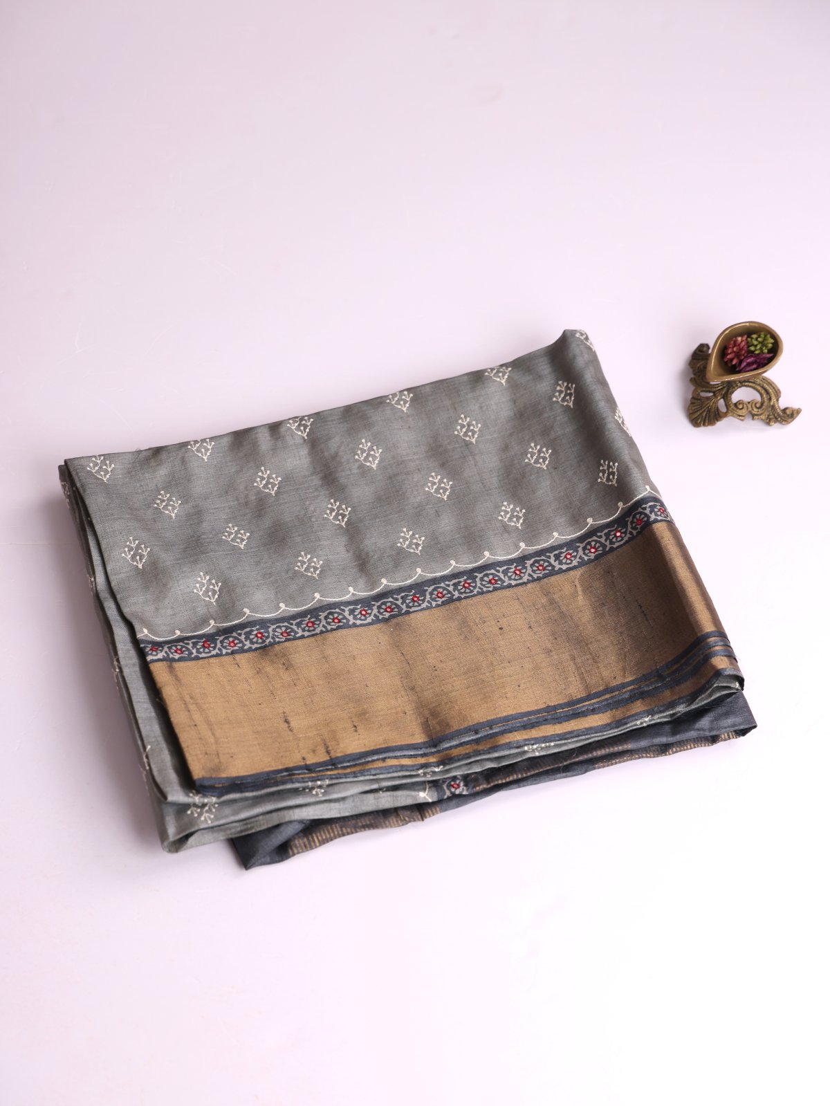Light Grey Embroidered Tussar Silk Saree With Zari Border