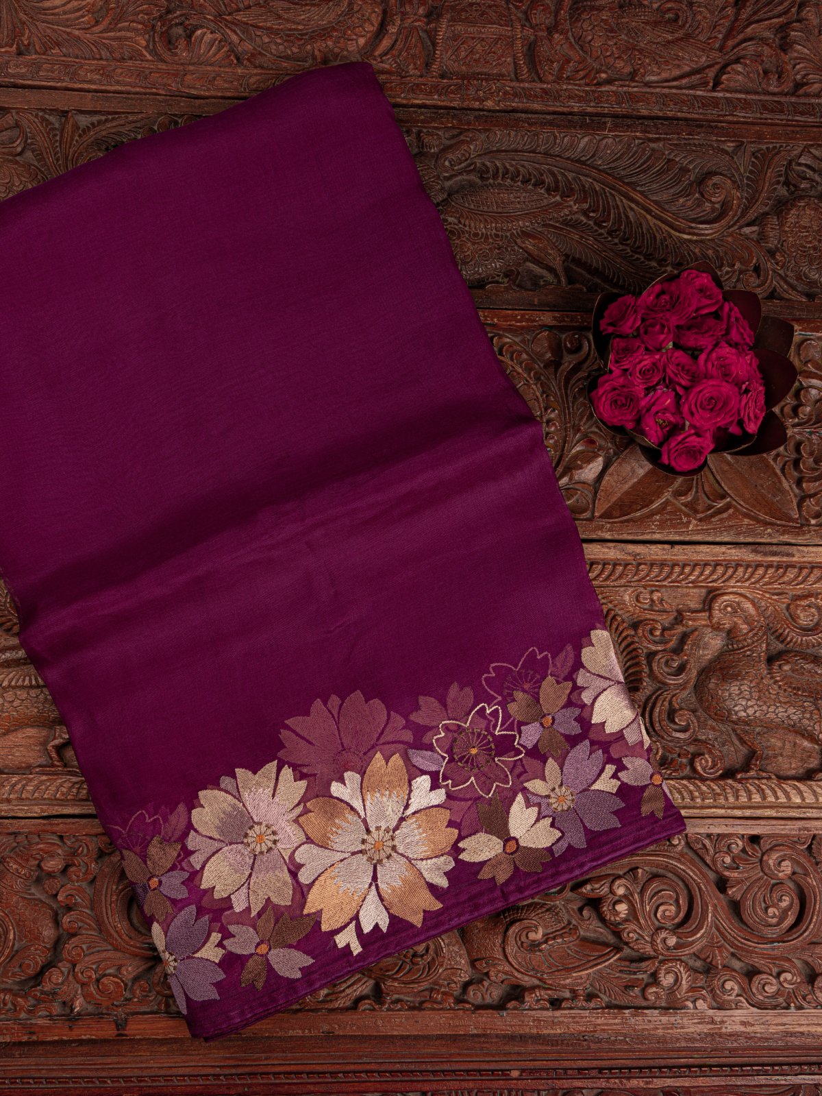 Purple Organza Saree With Floral Embroidered Border