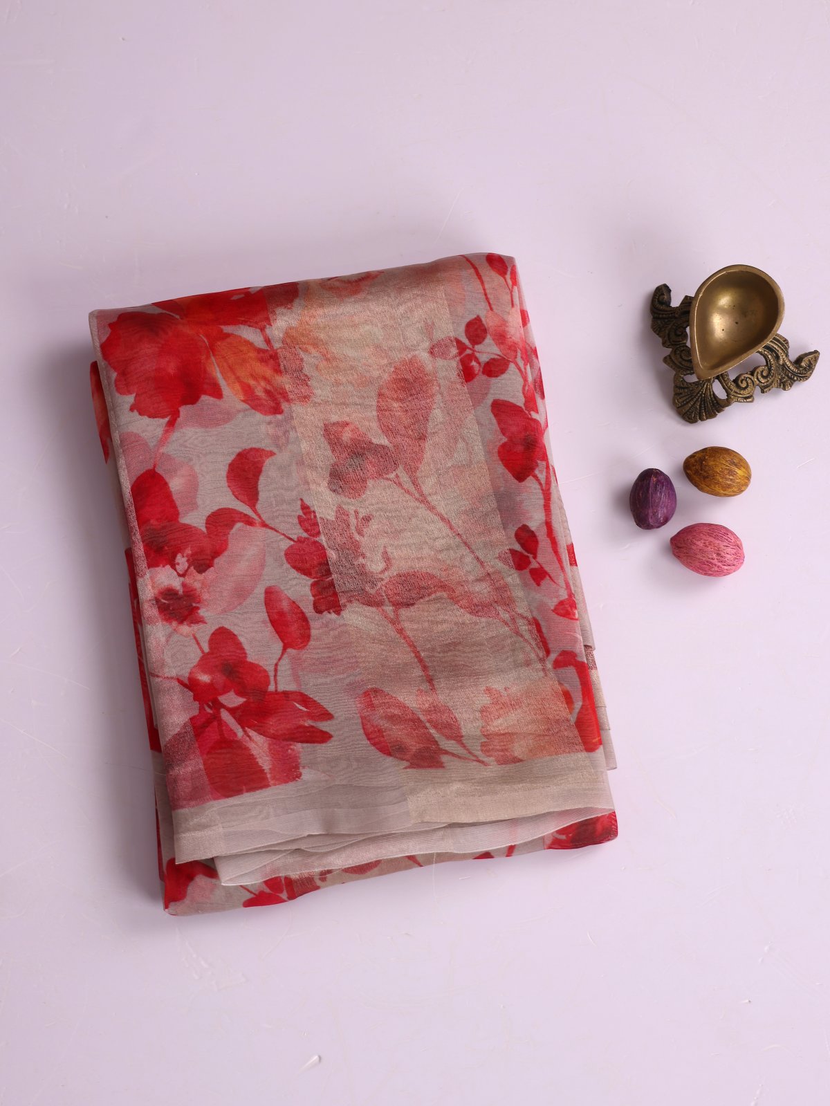 Greige Printed Organza Silk Saree