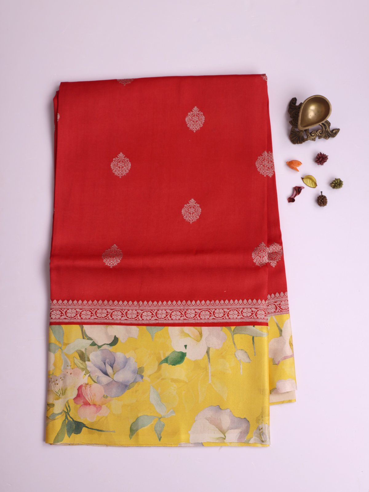 Red Banaras Tussar Georgette Silk Saree with Printed Yellow Satin Border