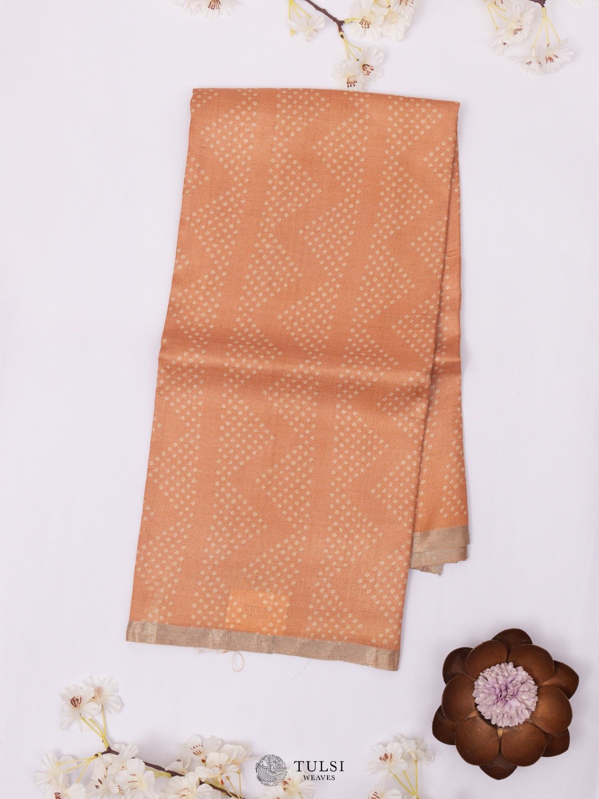 Peach Tussar Silk Saree with Bandhini Print