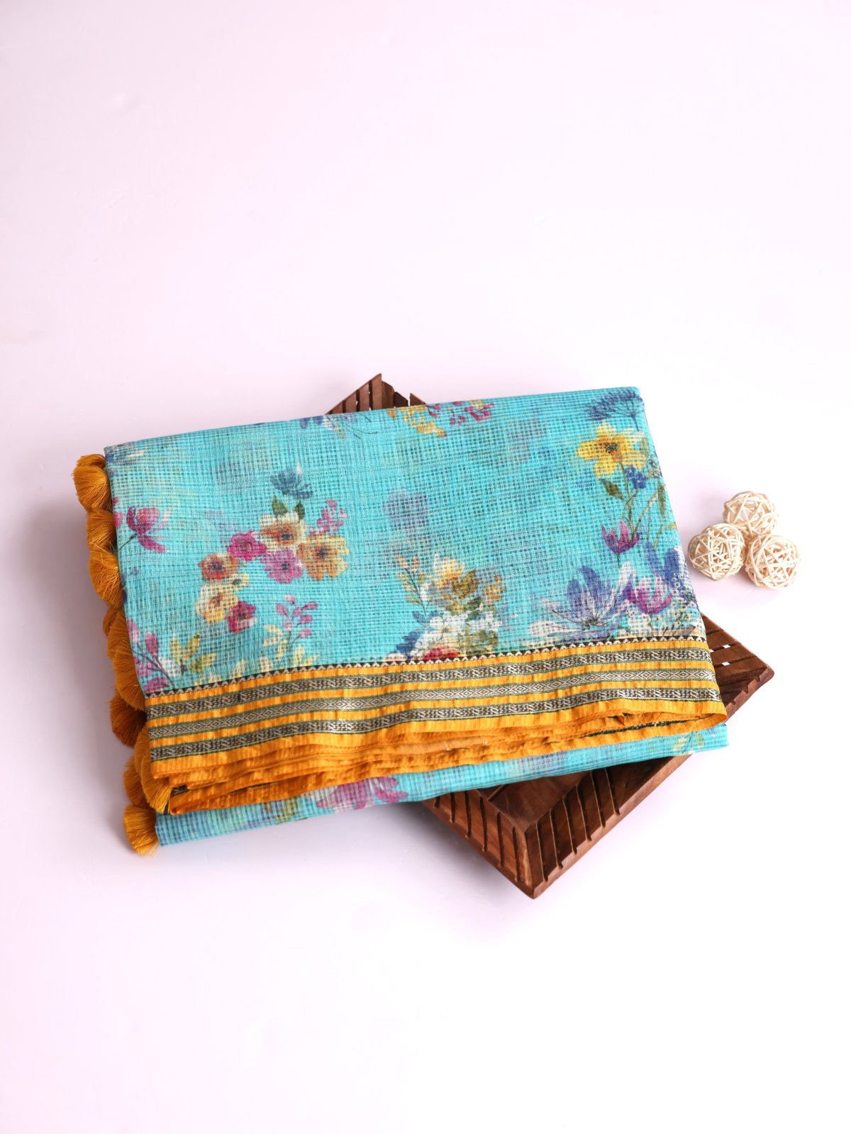 Light Turquoise Printed Kota Cotton Saree With Mastard Yellow Vidarbha Border