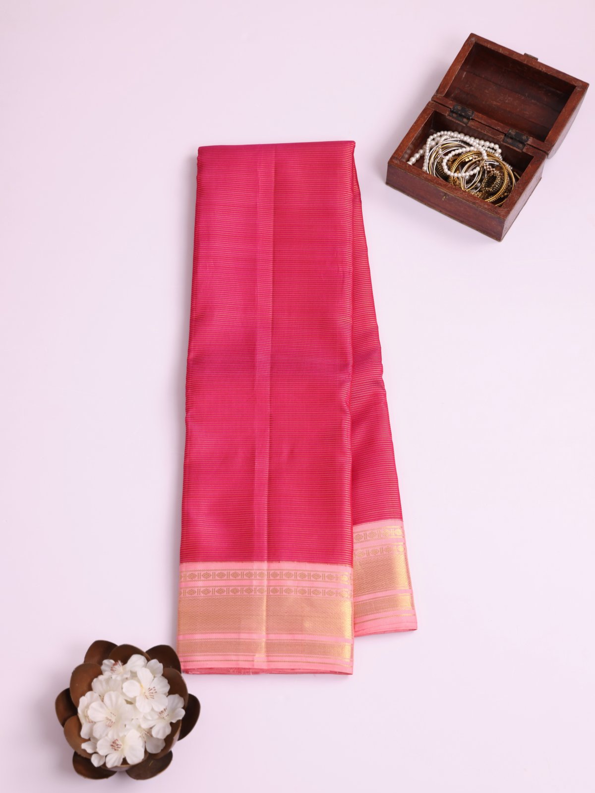 Rani Pink Vaira Oosi Kanjeevaram Silk Saree with Light Pink Border