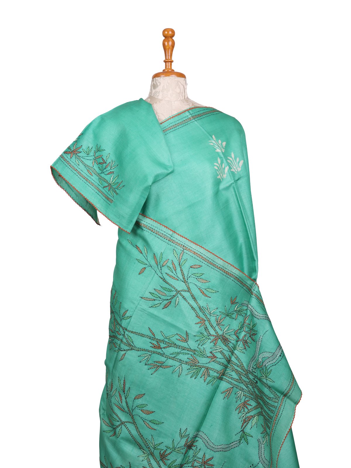 Turquoise Printed Tussar Silk Saree With Kantha Embroidery