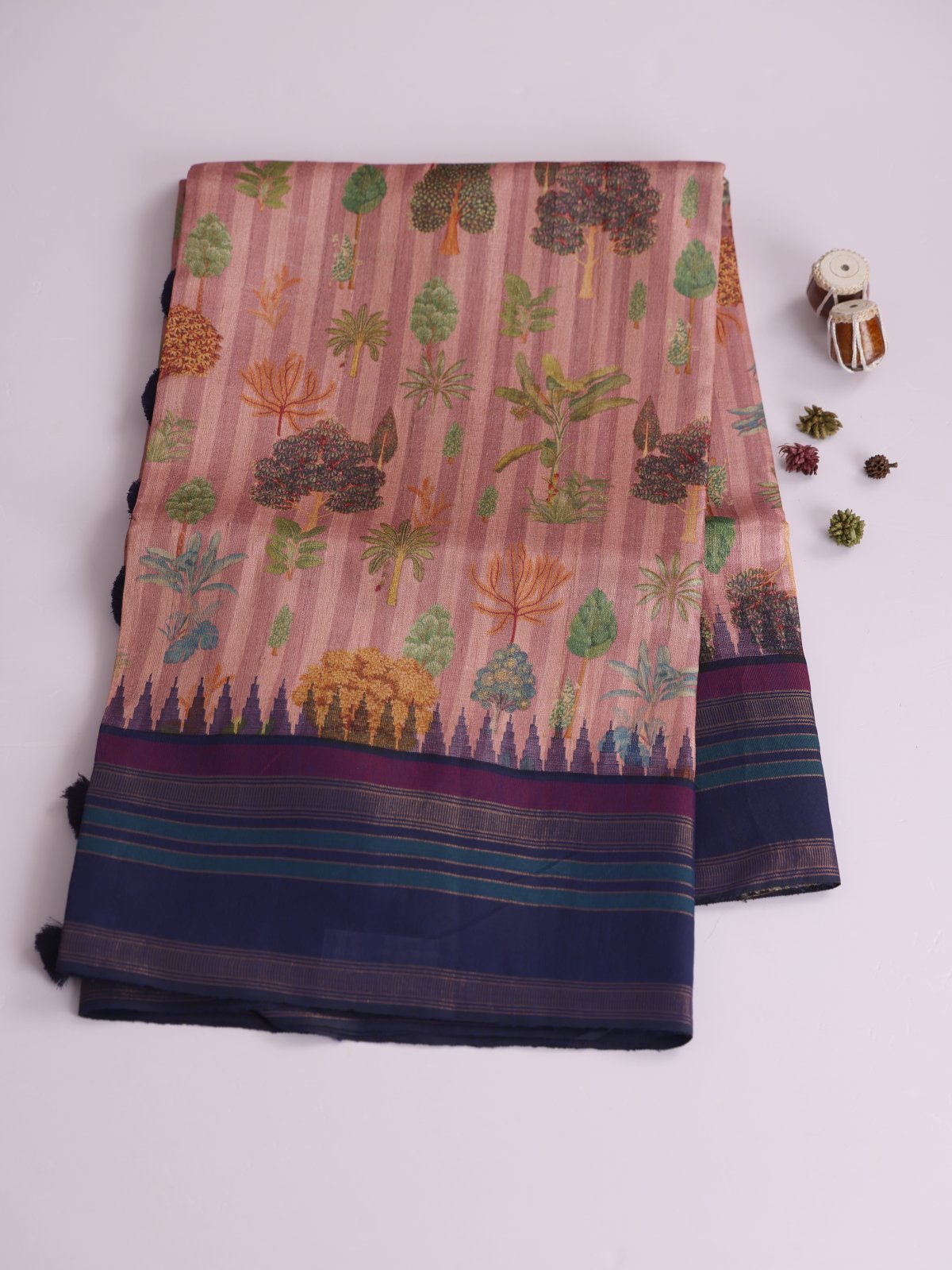 Dusty Pink Printed Tussar Silk Saree With Navy Blue Border