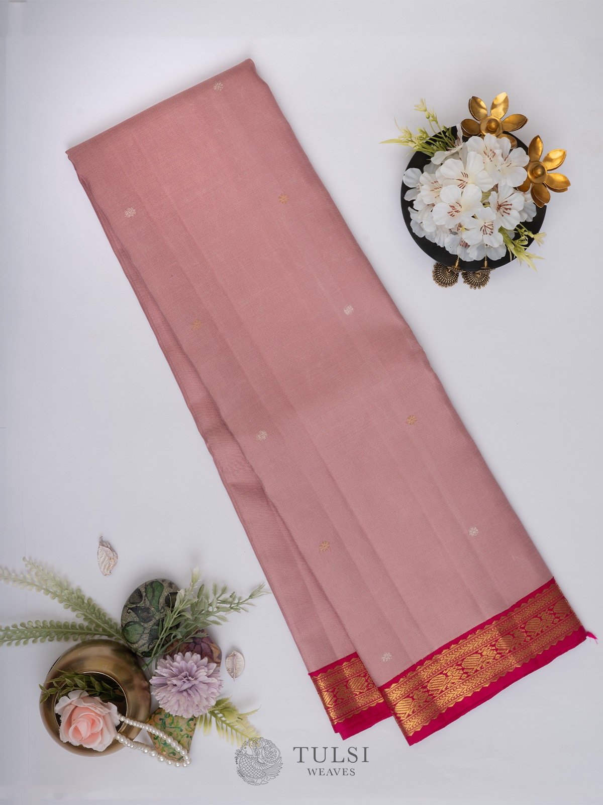 Dusty Pink Kanchipuram Silk Saree with Rani Pink Border