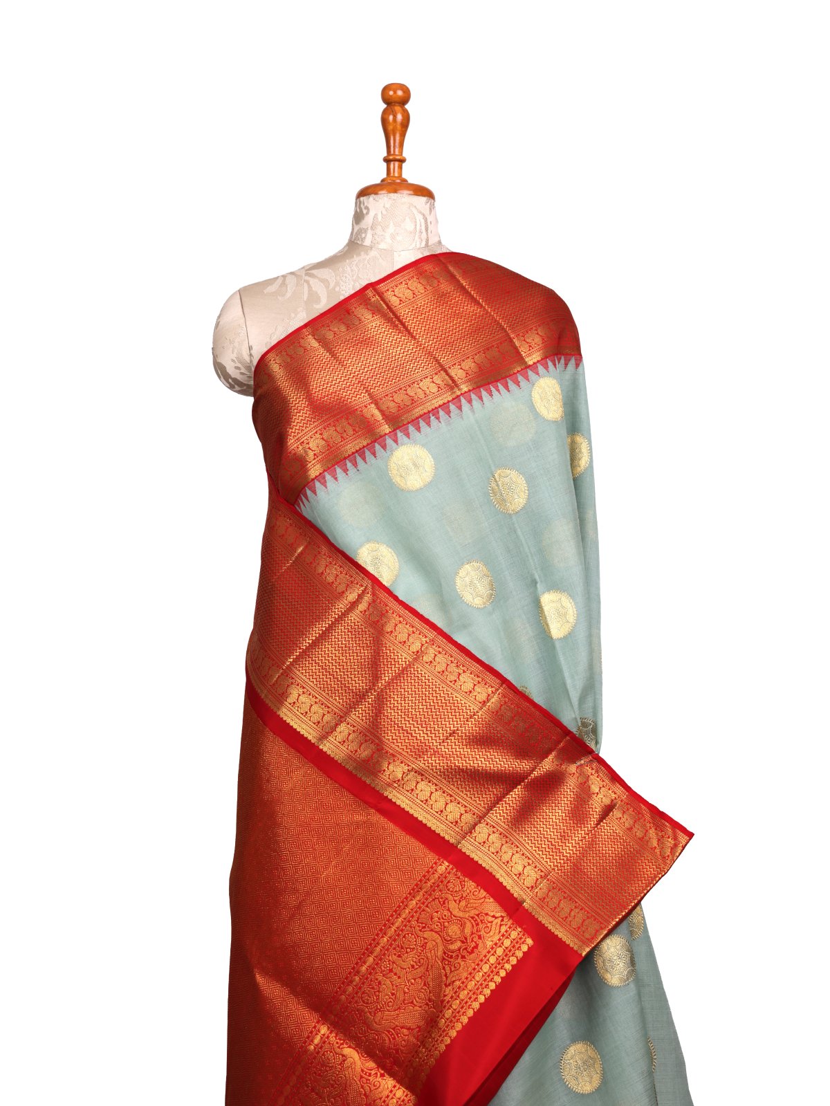 Light Bluish Green Khadi Cotton Saree With Red Kanjeevaram Silk Border