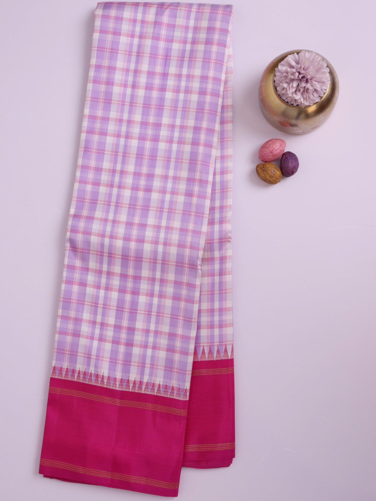 Multi Color Checked Saree With Pink Border