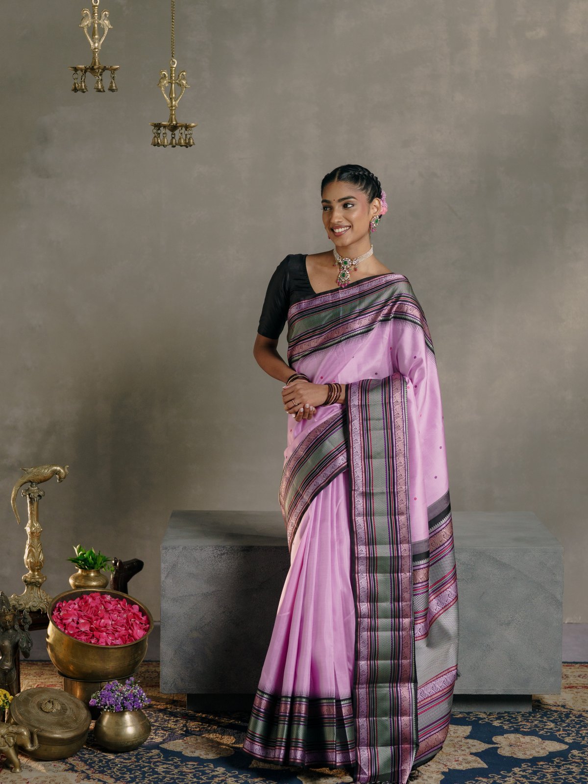 Crafted 7 - Lavender No Zari Kanjeevaram Silk Saree With Black Border