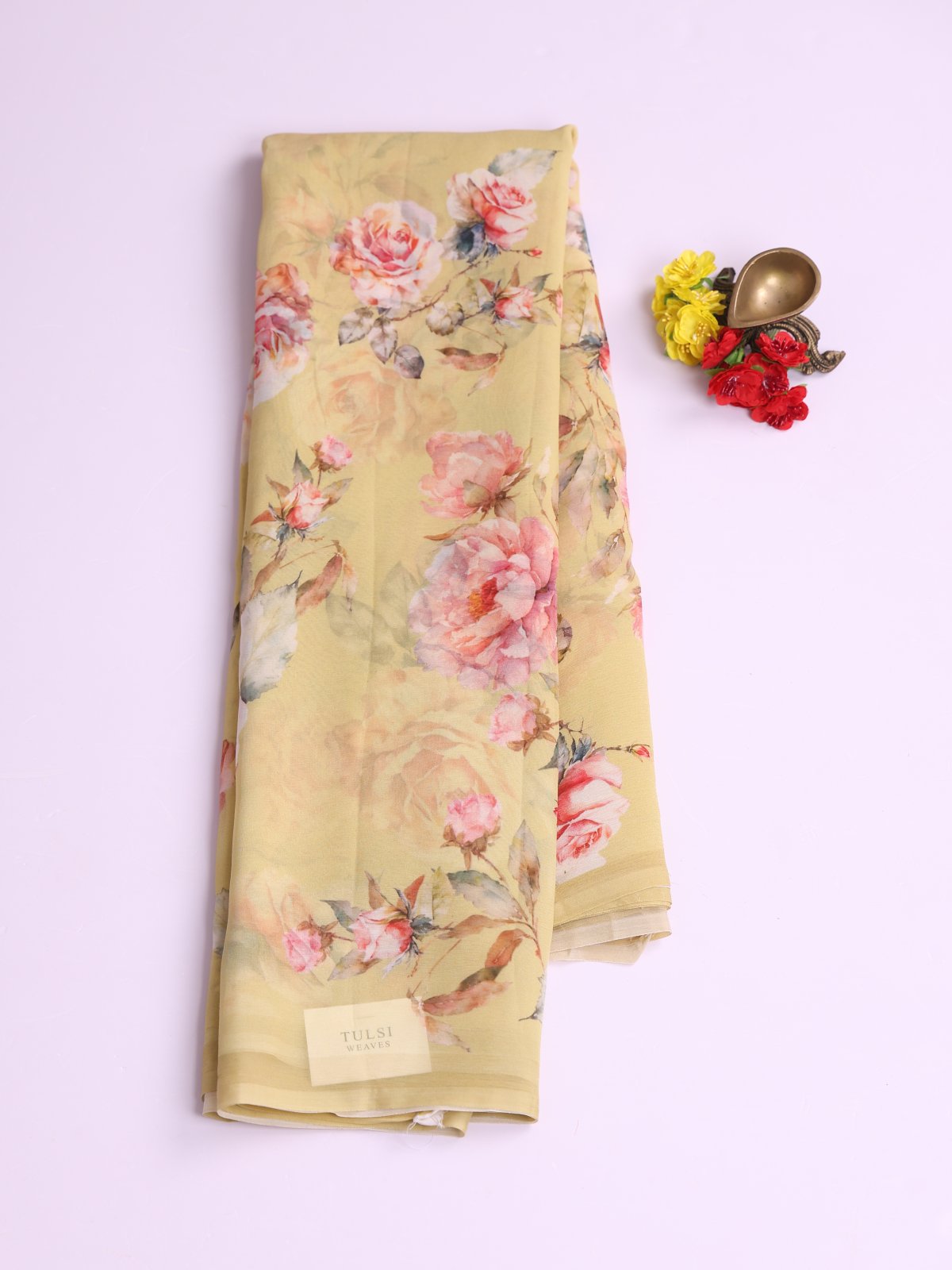 Light Mehndi Floral Printed Chiffon Saree