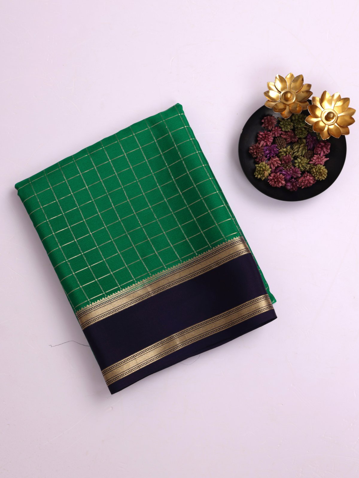 Green Zari Checked Mysore Silk Saree With Navy Blue Border
