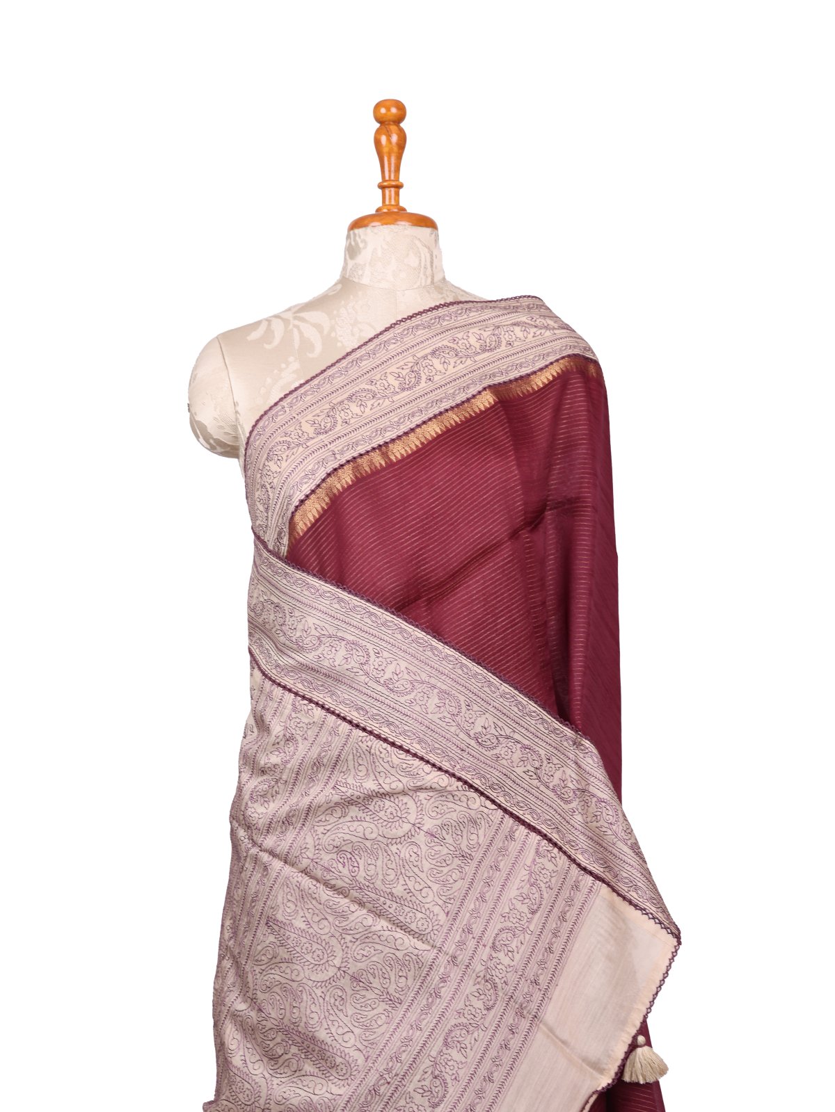 Wine Organza Silk Saree with Beige Embroidered Border