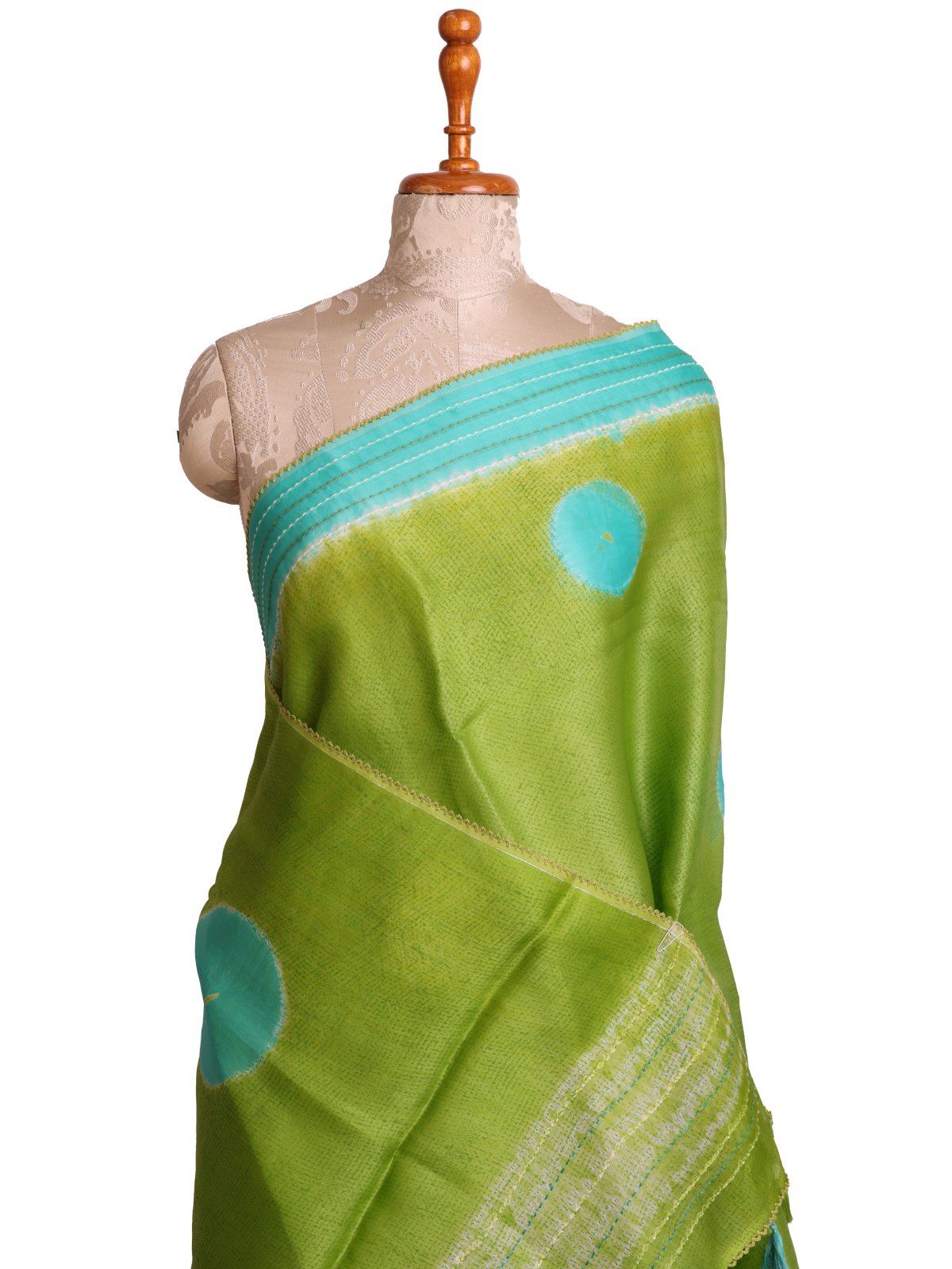 Parrot Green Shibori Organza Saree With Sky Blue Kantha Embroidered Border