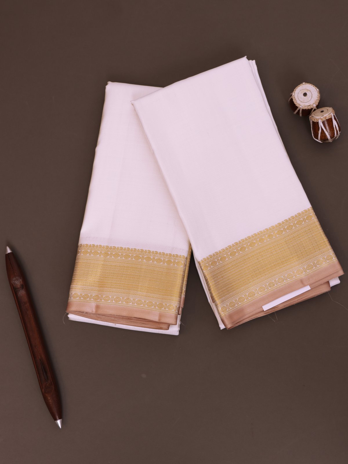 Off White Silk Dhoti And Vasthram With Light Brown Selvedge