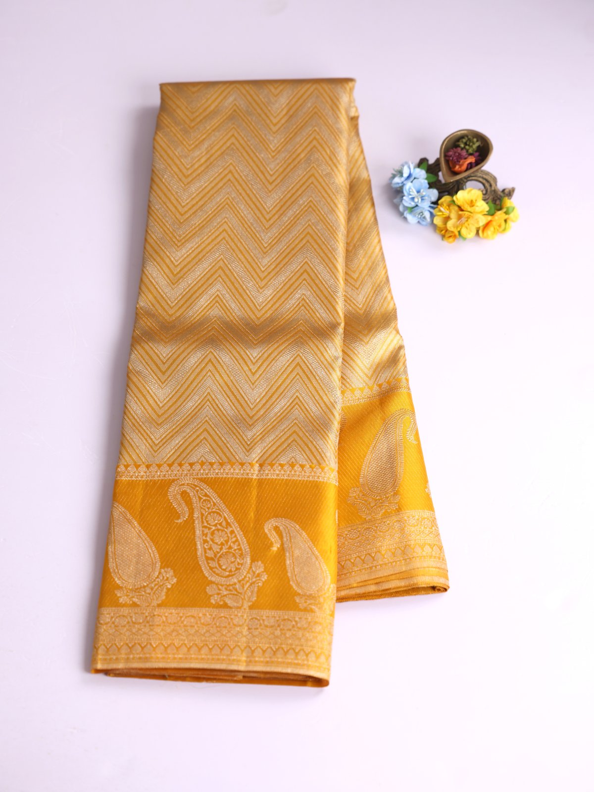 Mustard Yellow Tissue Brocade Kanjeevaram Silk Saree