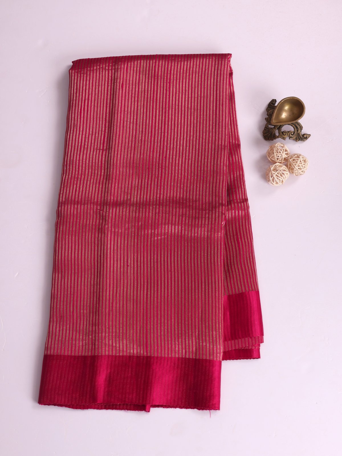Reddish Pink Zari Striped Organza Silk Saree With Satin Border