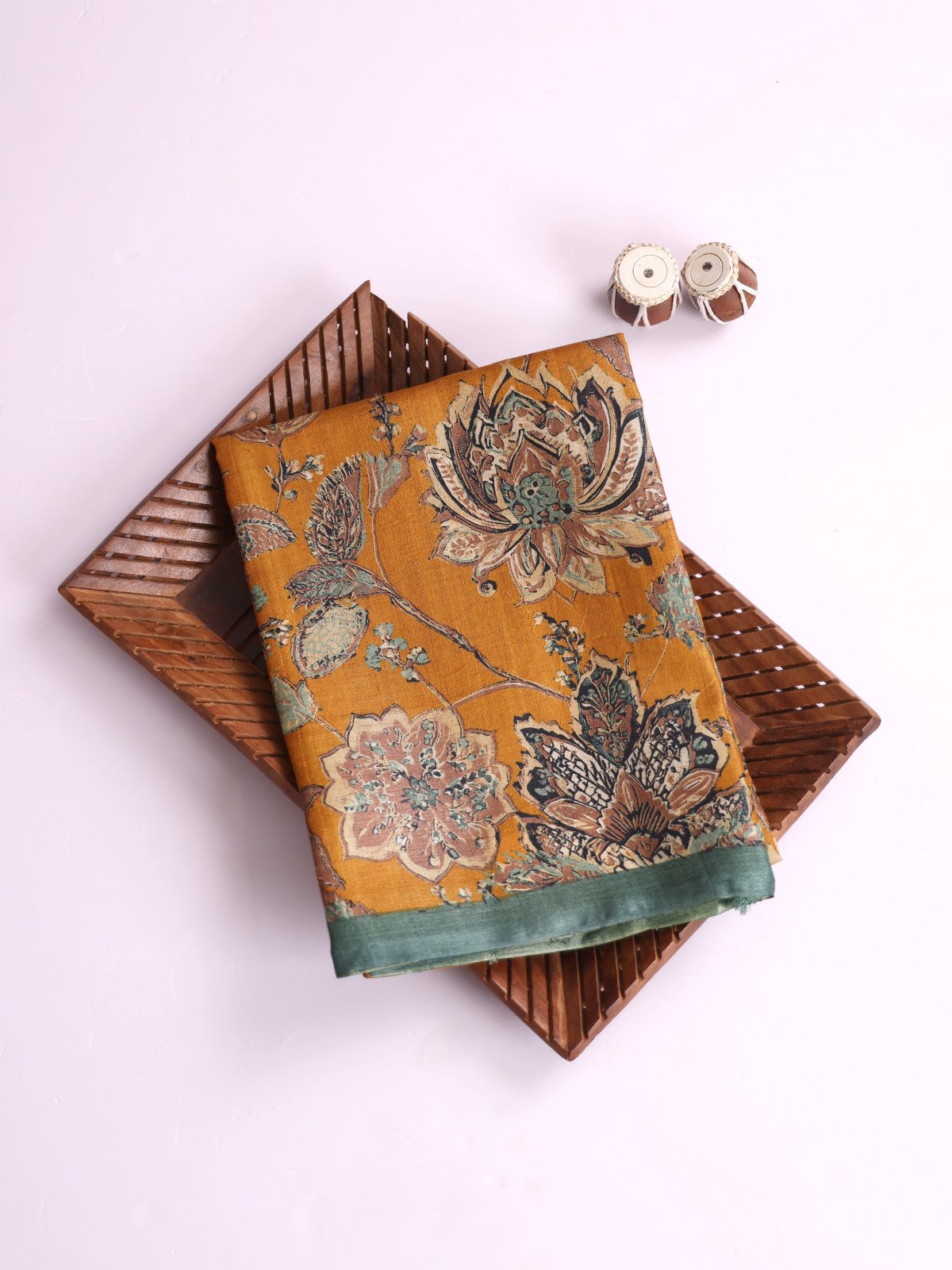 Mustard Yellow Printed Tussar Silk Saree With Sage Green Border