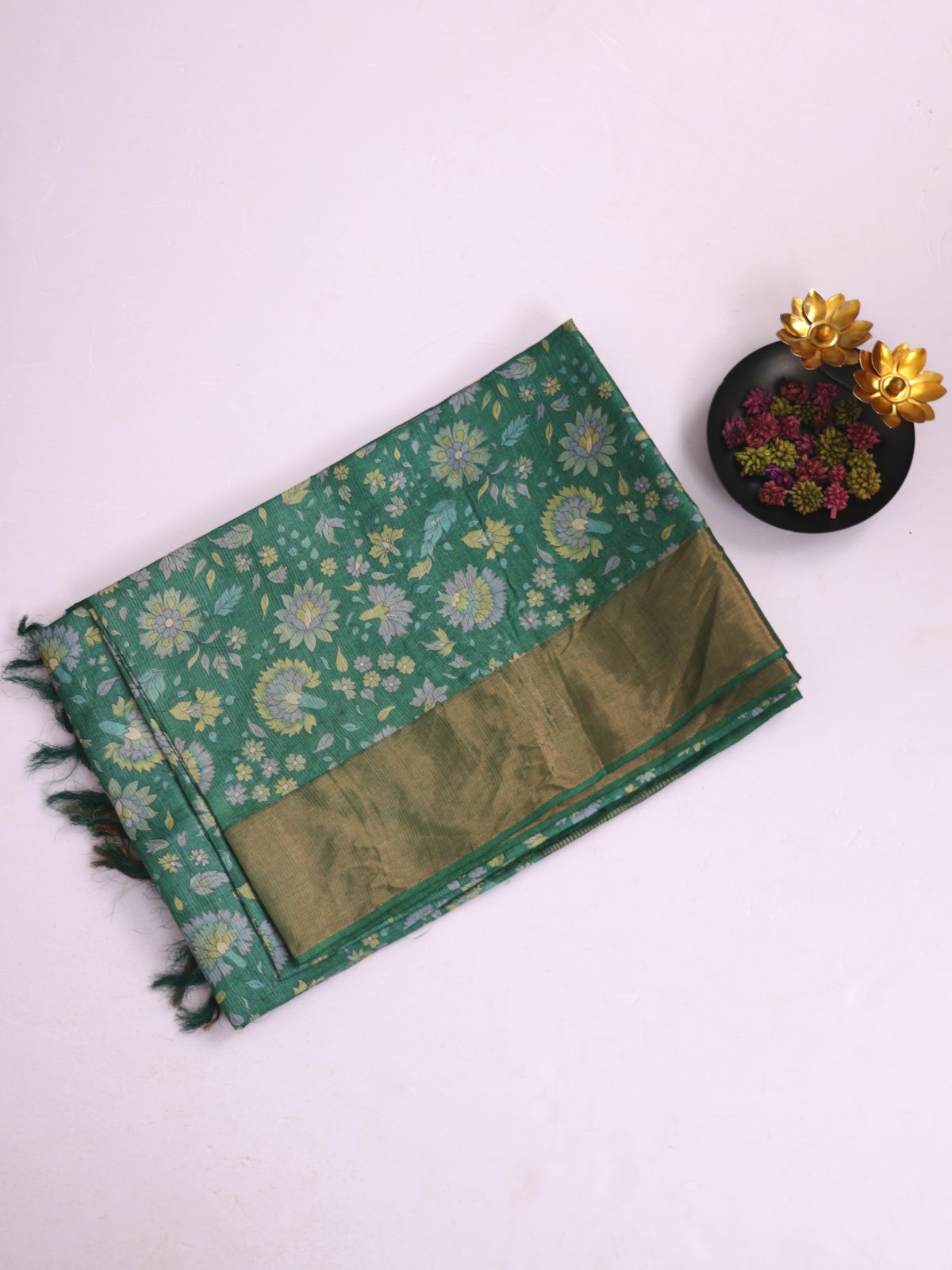 Green Printed Munga Tussar Silk Saree With Zari Border