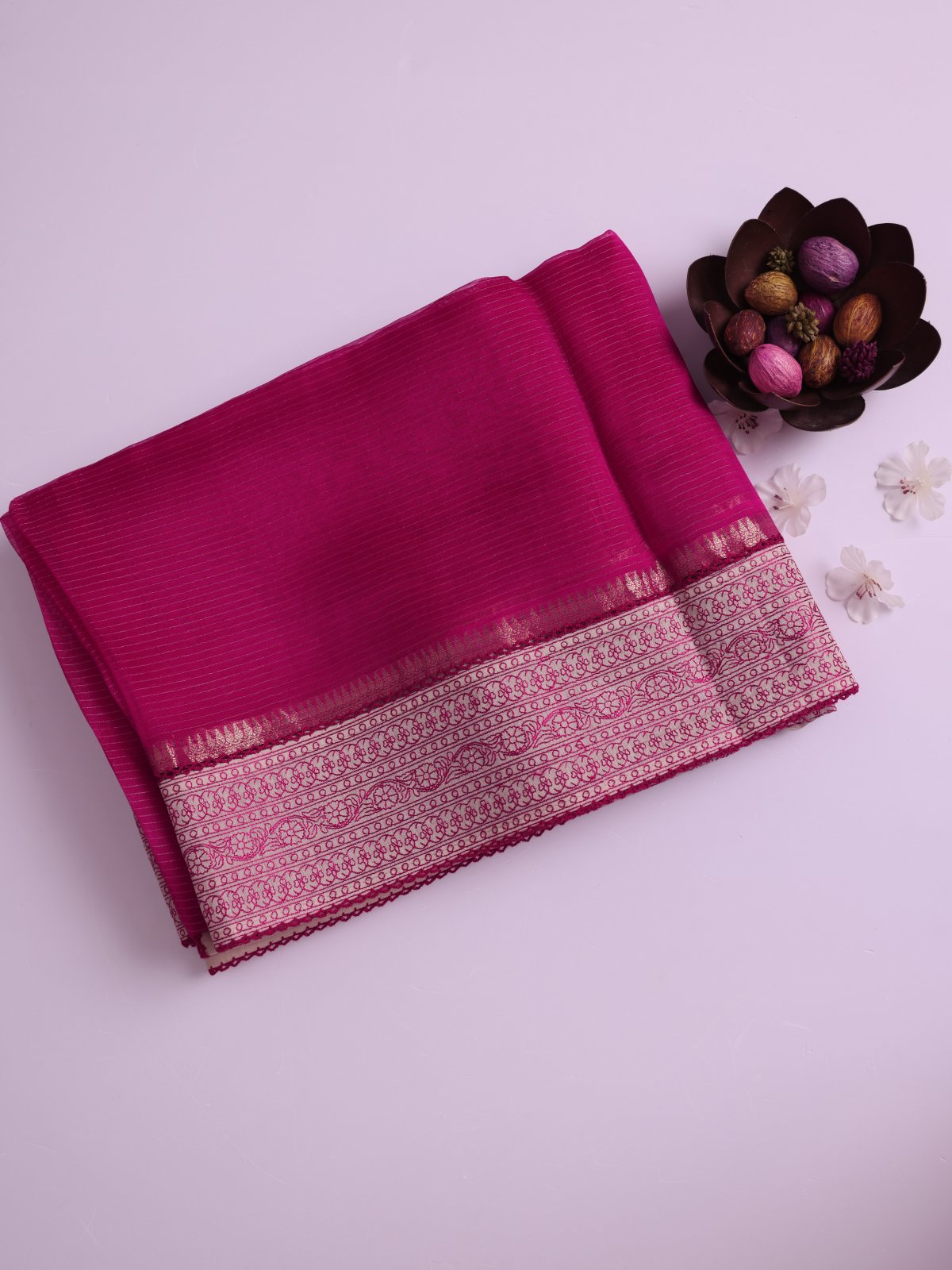 Pink Organza Silk Saree With Beige Border
