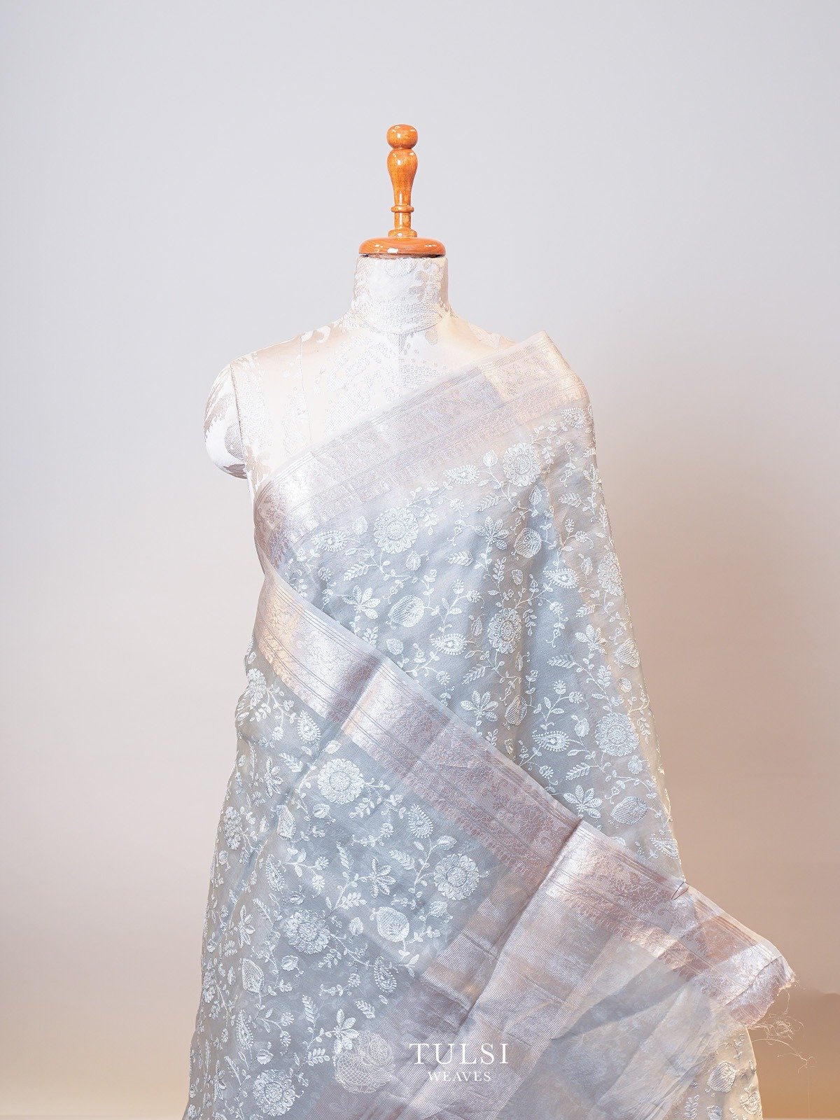 Grey Embroidered Organza Saree