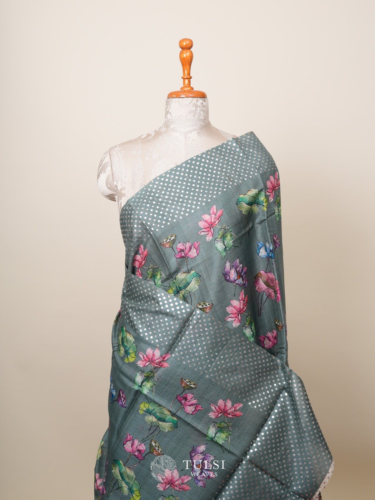 Greyish Green Tussar Silk Saree