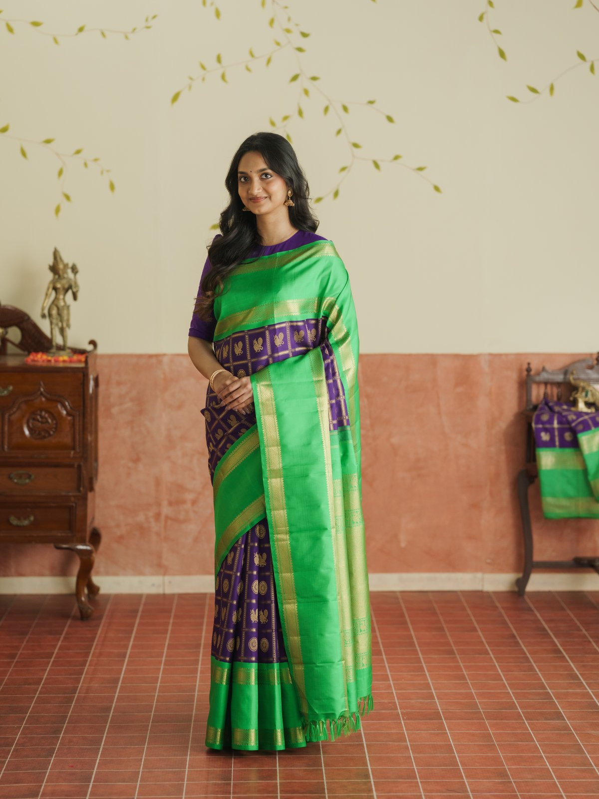 Vintage 92 - Violet Checked Butta Kanjeevaram Silk Saree With Parrot Green Border