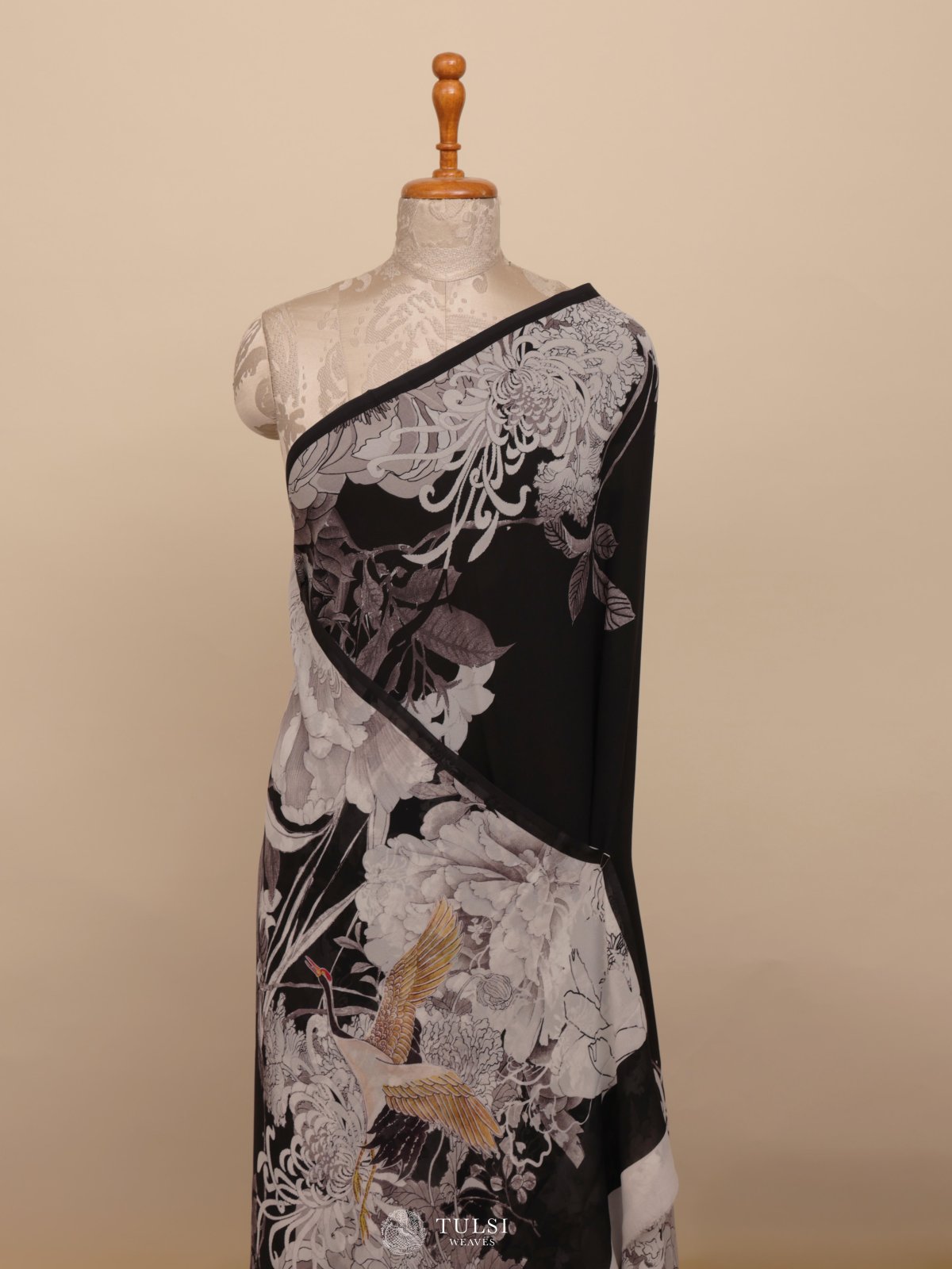Black Floral Printed Georgette Silk Saree