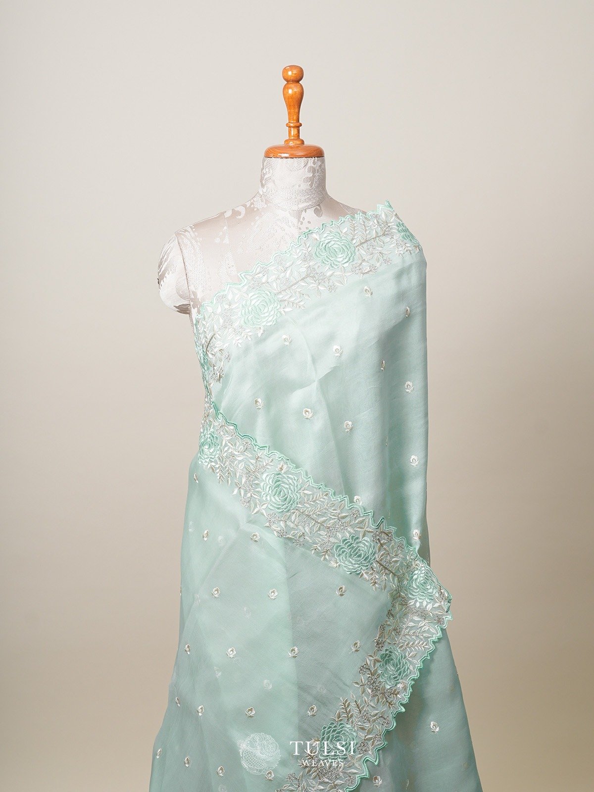 Light Teal Organza Silk Saree