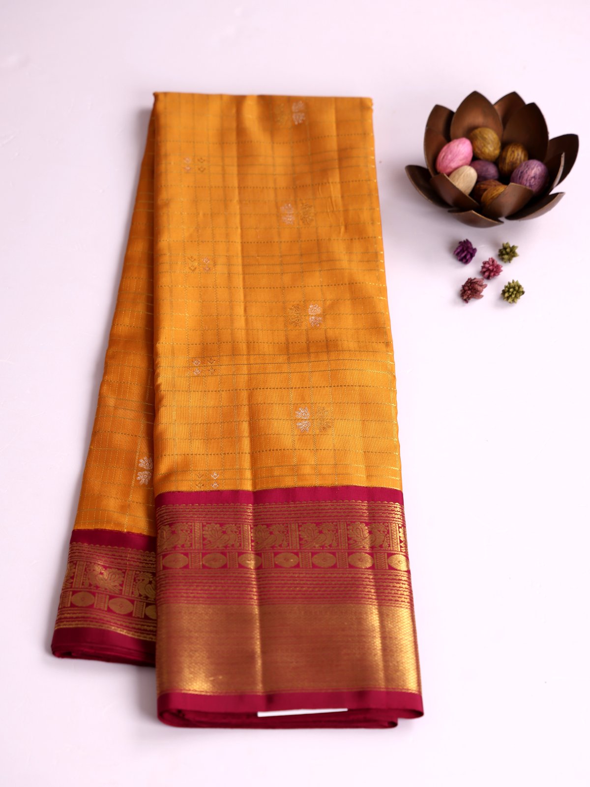 Mustard Yellow Zari Checked Kanjeevaram Silk Saree With Araku Zari Border