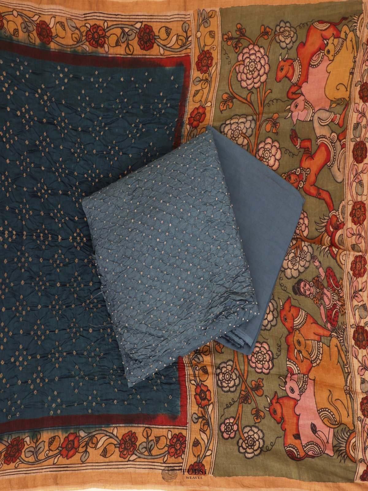 Grey Bandhini Salwar Material with Kalamkari Dupatta