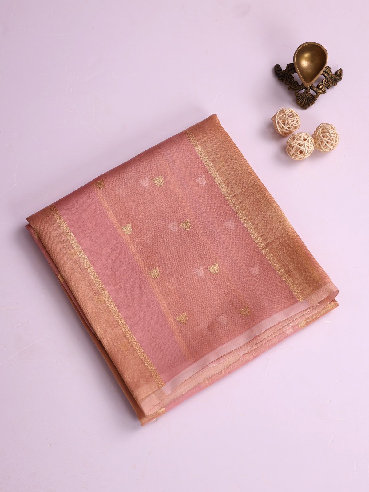 Dusty Pink Zari Striped Tissue Organza Silk Saree