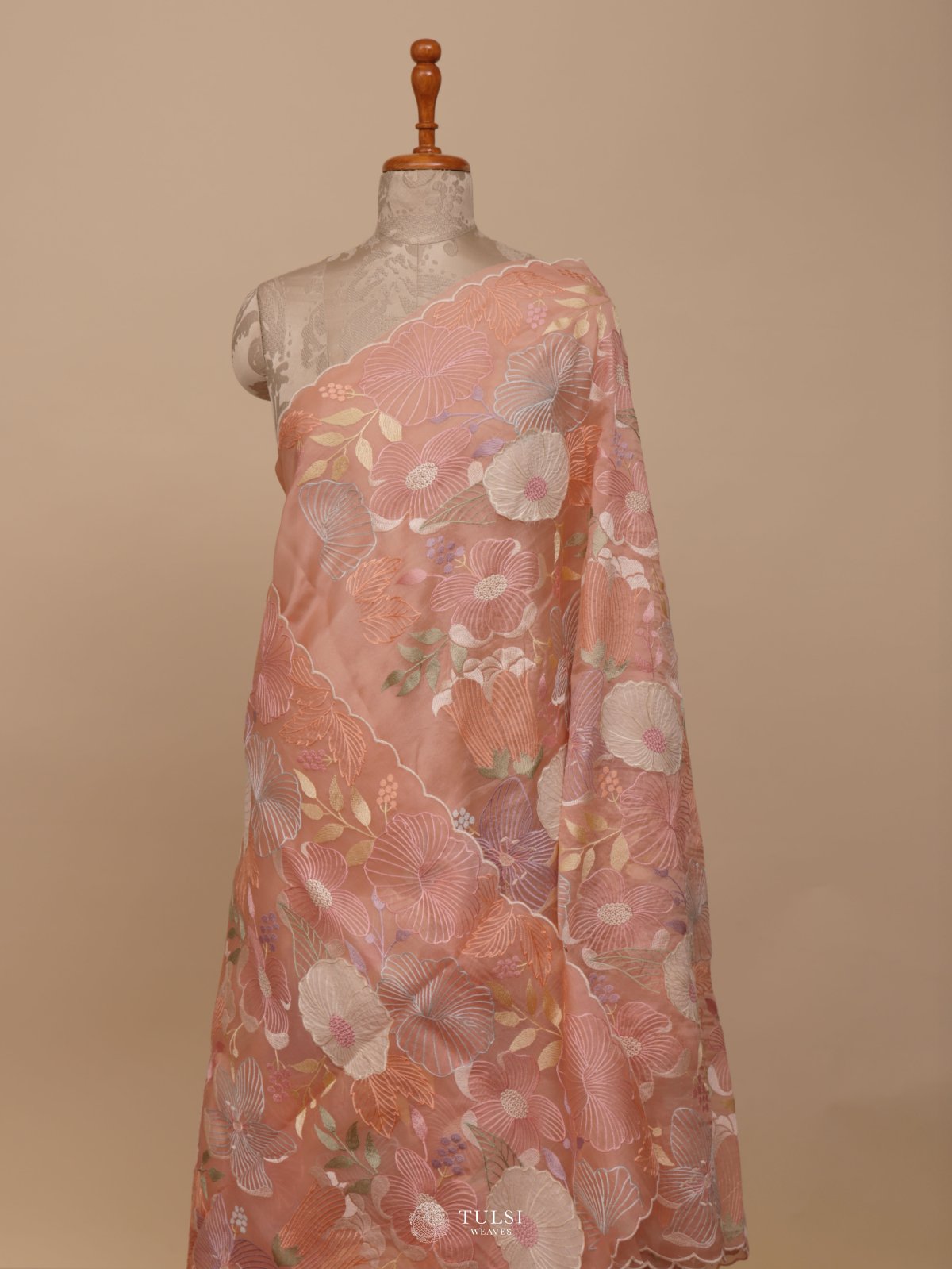 Peach Organza Embroidery Saree