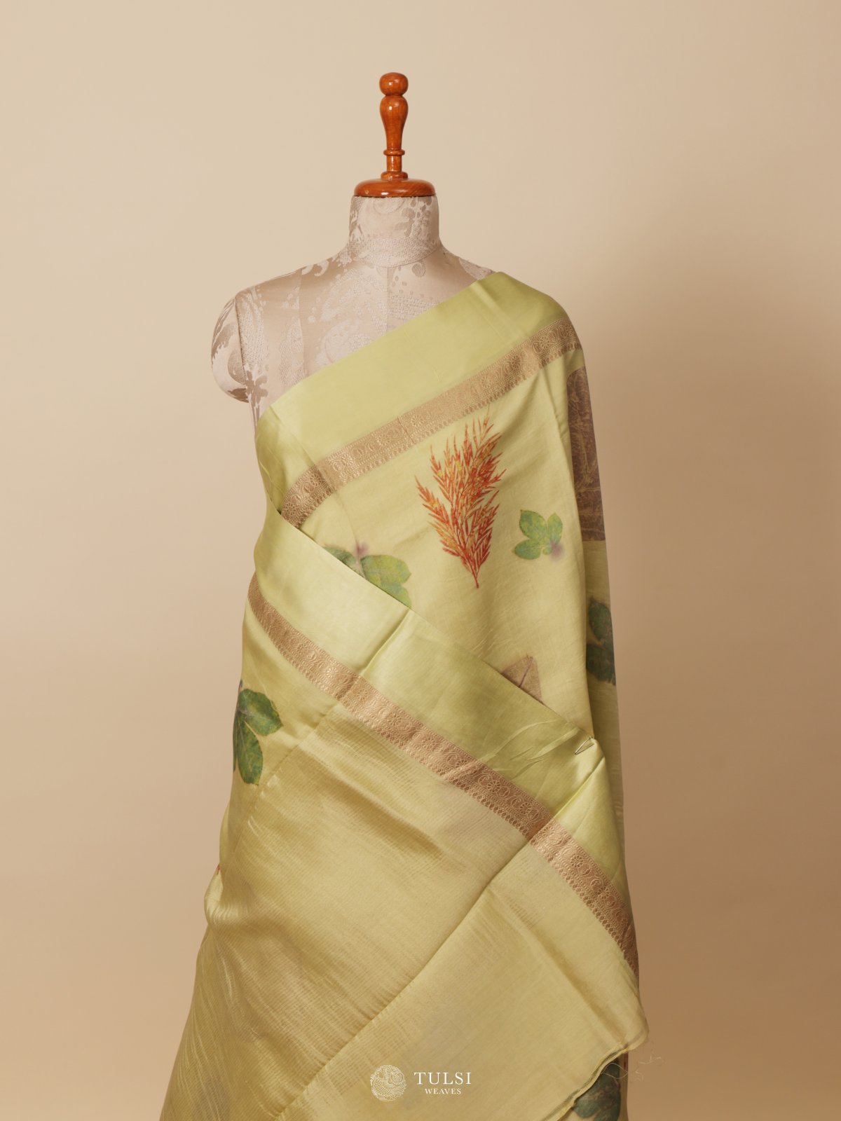 Light Green Eco Print Silk Saree With Satin Border