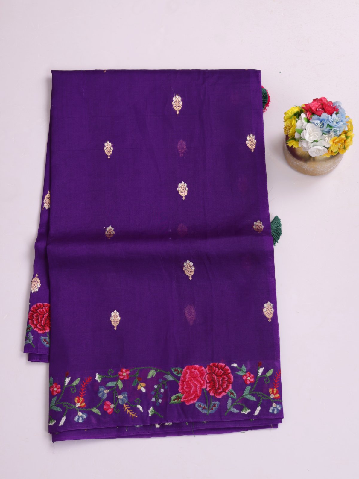 Violet Organza Silk Saree With Cross-Stitch Embroidered Border