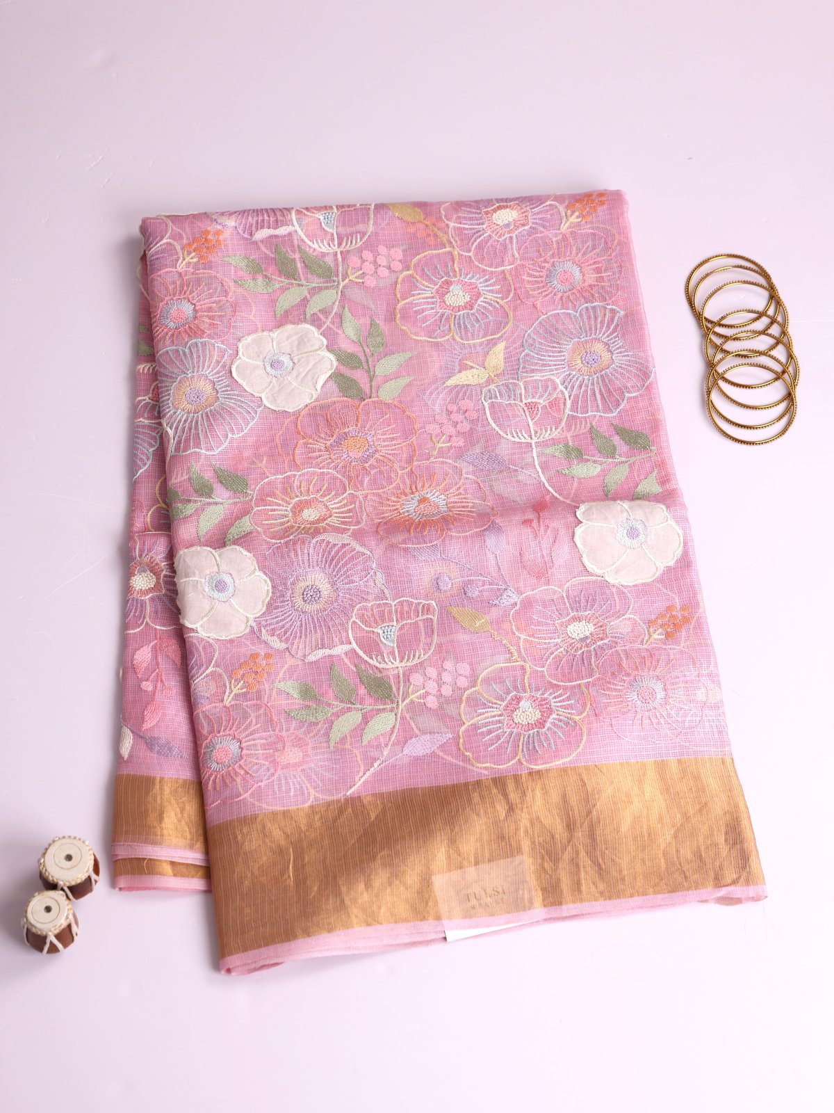 Light Pink Kota Silk Saree With Applique Work