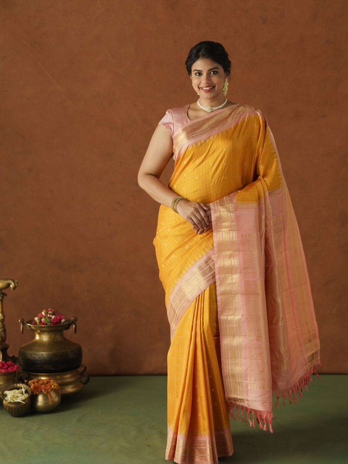 Multi Color Checkde Gadwal Saree With Baby Pink Border
