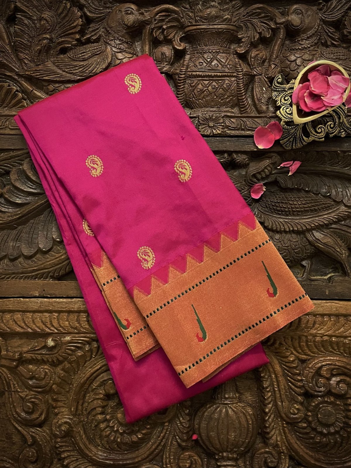 Dark Pink Paithani Silk Blouse With Temple Border