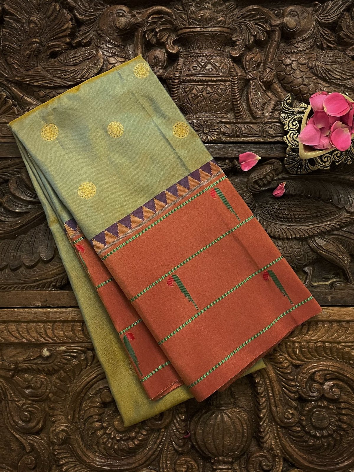 Blue & Mustard Paithani Silk Blouse With A Hint of Grey and Temple Border