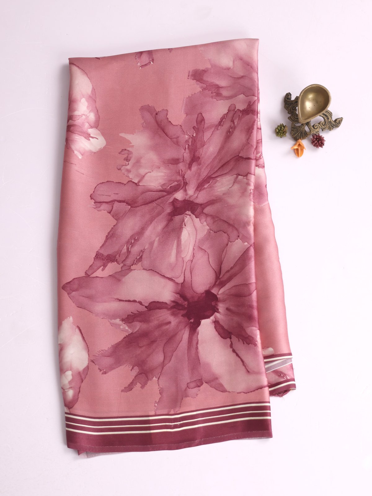 Peachy Pink Printed Satin Silk Saree