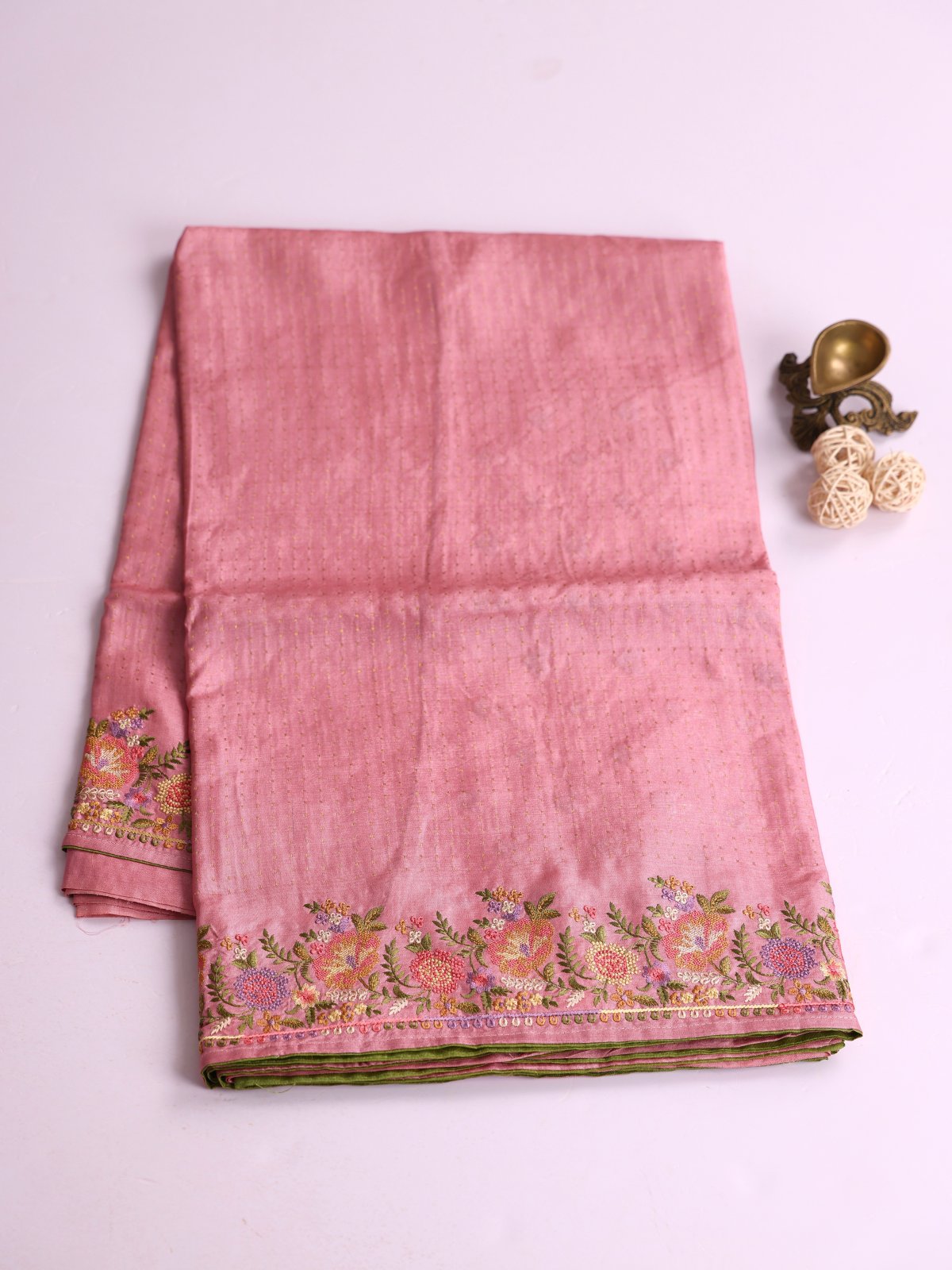 Baby Pink Tussar Silk Saree With Embroidered Border