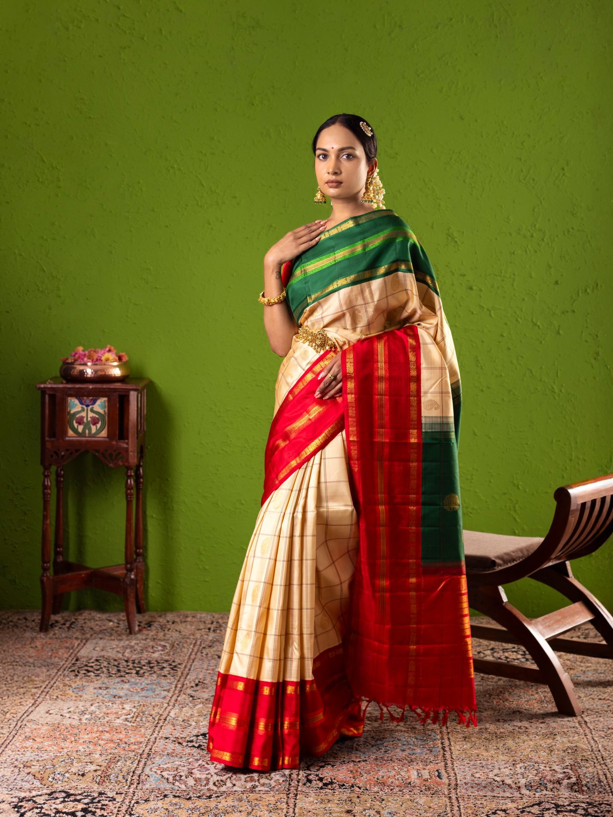 Cream Kanjeevaram Silk Saree with Ganga Jamuna Border