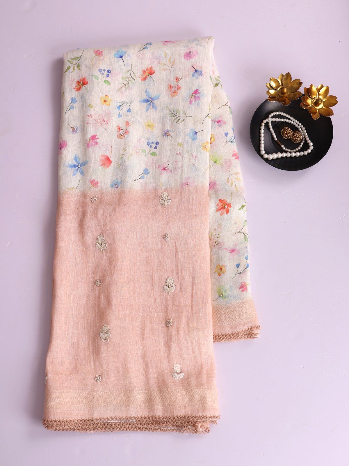 Off- White Printed Linen Saree With Dusty Peach Embroidered Border